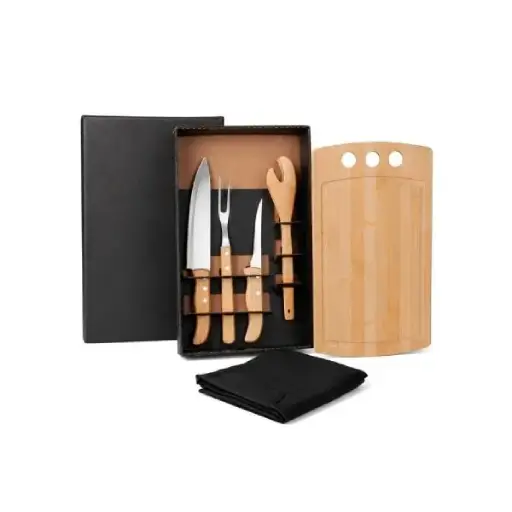 Kit Para Churrasco Em Bambu / Madeira / Inox Com A